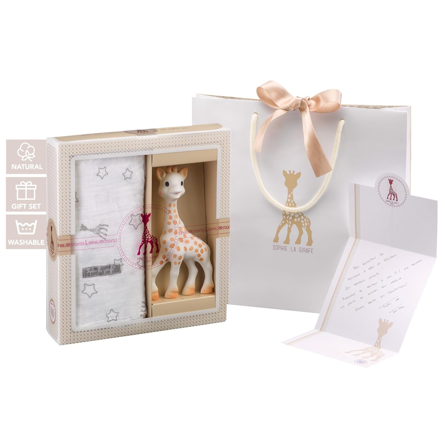 Set regalo cumpleaños Sophie la Jirafa Sonajero Sophiesticated pouet 00012 Juguetes Bebe Naty Shop Stele Sophie La Girafe set manta y mordedor para niños