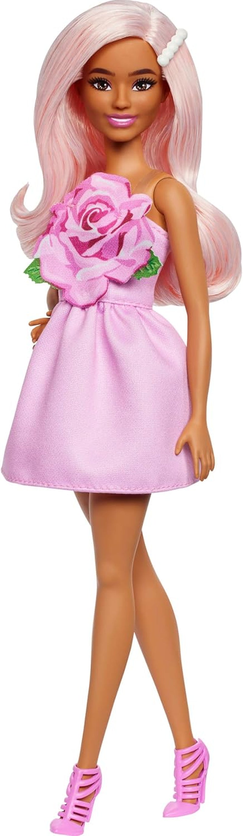 Muñeca Barbie Fashionistas núm. 238 con cabello rosa pastel, vestido sin tirantes con top rosa, pasador de perlas y tacones altos con tiras, HYT94 Naty Shop Dolls Default Title