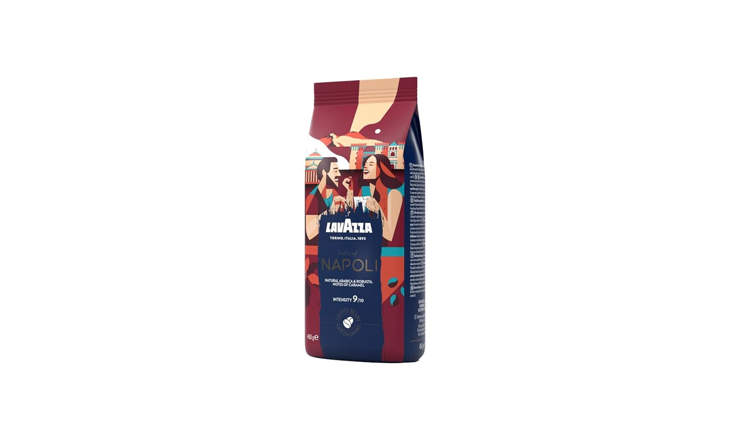 Lavazza, Tales of Napoli, café en grano, ideal para máquinas de espresso, con notas aromáticas de cacao y caramelo, Arábica y Robusta, intensidad 9/10, tueste intenso, 450 g