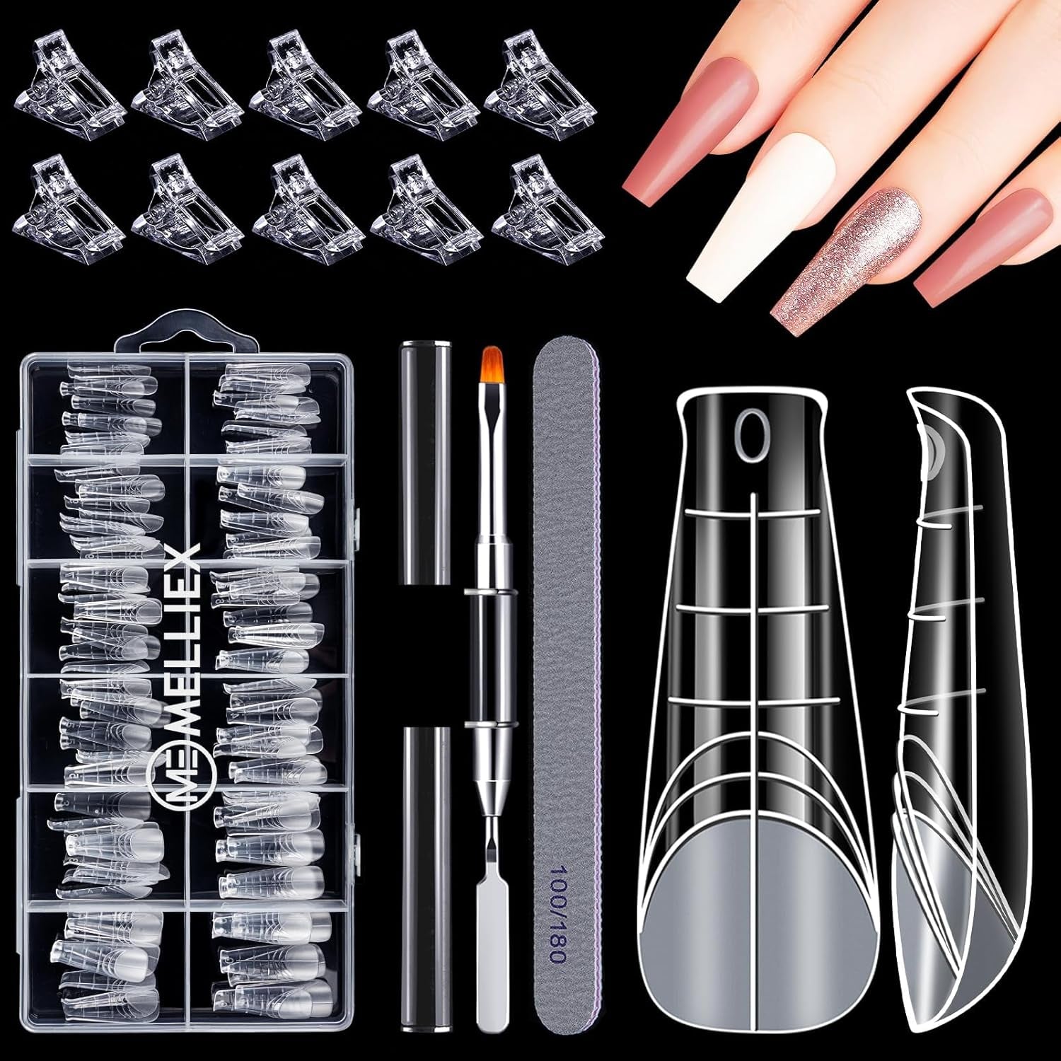 Juego de formas de uñas de 120 piezas, extensiones de uñas, formas de uñas de gel, juego de formas de uñas con cepillo de doble cabeza y lima de uñas con clips, para uñas de gel