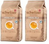 Schwiizer Schüümli Crema Mild, 100% granos de café arábigo premium, afrutado y de nuez, para máquinas de café totalmente automáticas, potencia 2/5, tostado ligero, certificado Rainforest Alliance, 1 kg (paquete de 2)
