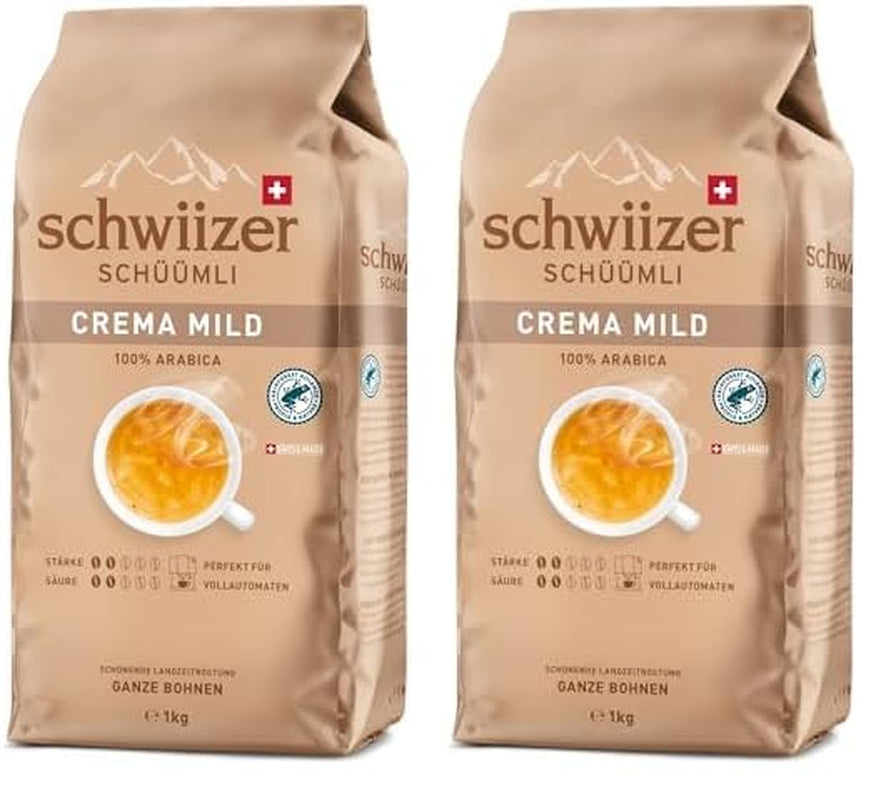 Schwiizer Schüümli Crema Mild, 100% granos de café arábigo premium, afrutado y de nuez, para máquinas de café totalmente automáticas, potencia 2/5, tostado ligero, certificado Rainforest Alliance, 1 kg (paquete de 2)