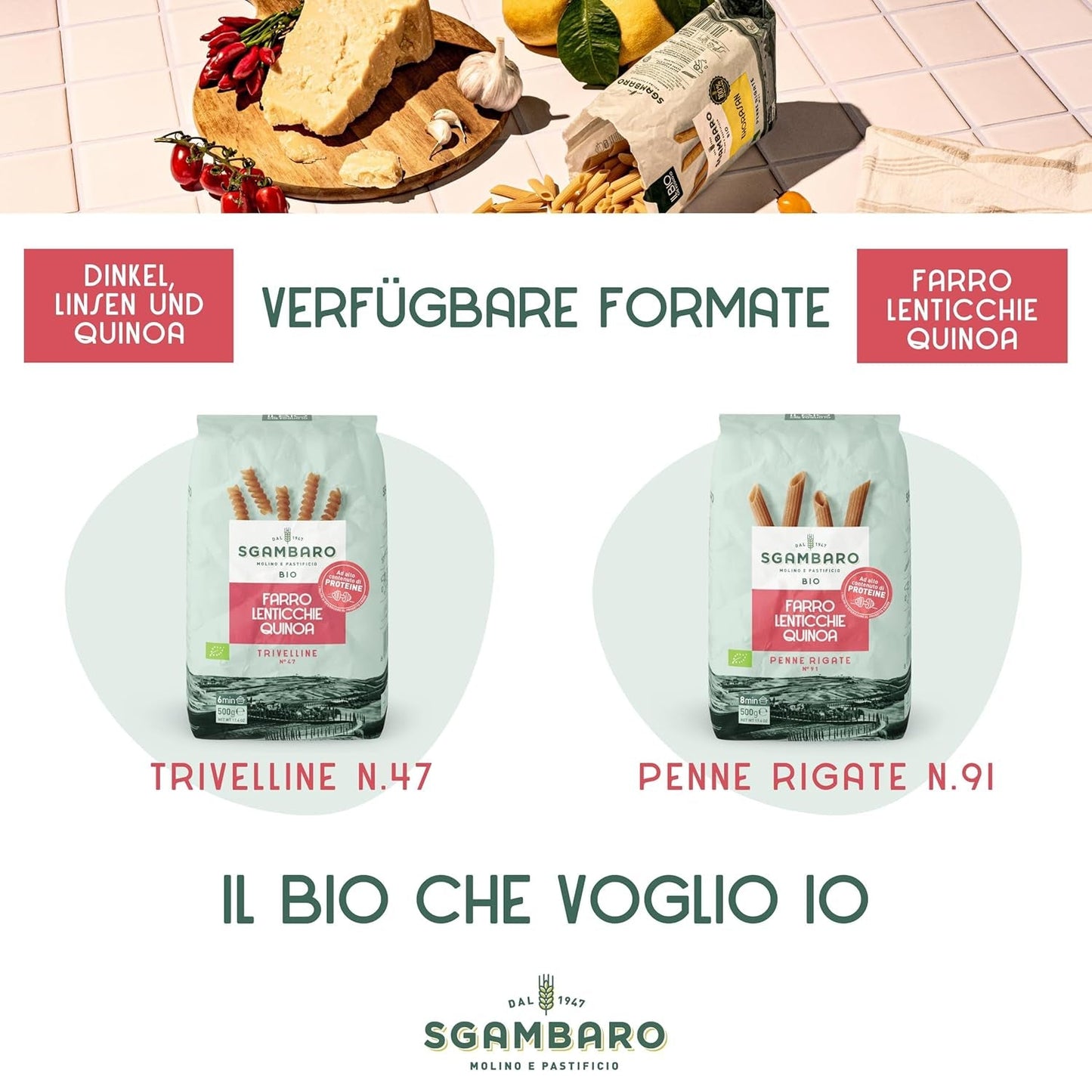 Pasta Penne Rigate Bio N.91 - 500g con harina de espelta, harina de lentejas y harina de quinoa - Rica en proteínas, fuente de fibra y proteínas