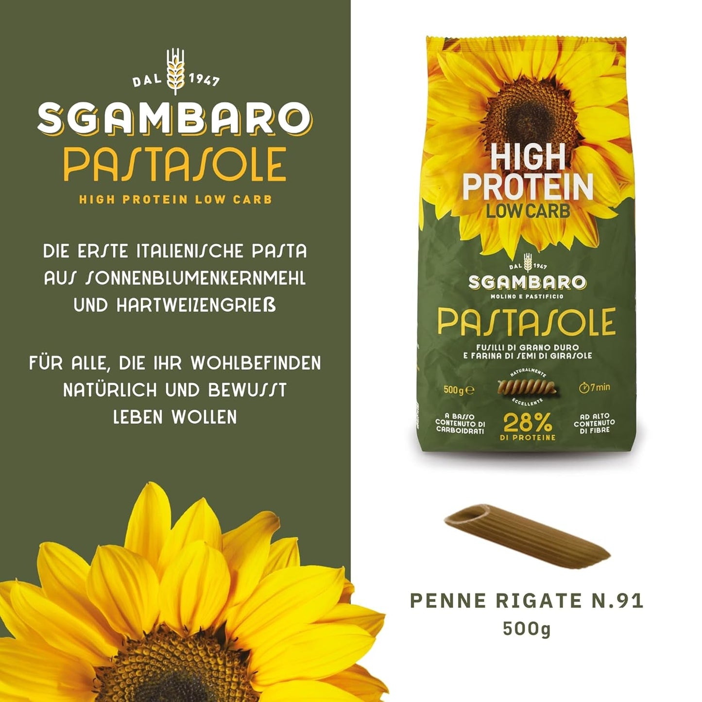 PASTASOLE , Penne Rigate mit Hartweizengrieß aus 100% italienischem Anbau und Sonnenblumenkernmehl - 500g - Alto en proteínas, bajo en carbohidratos, Hoher Ballaststoffgehalt