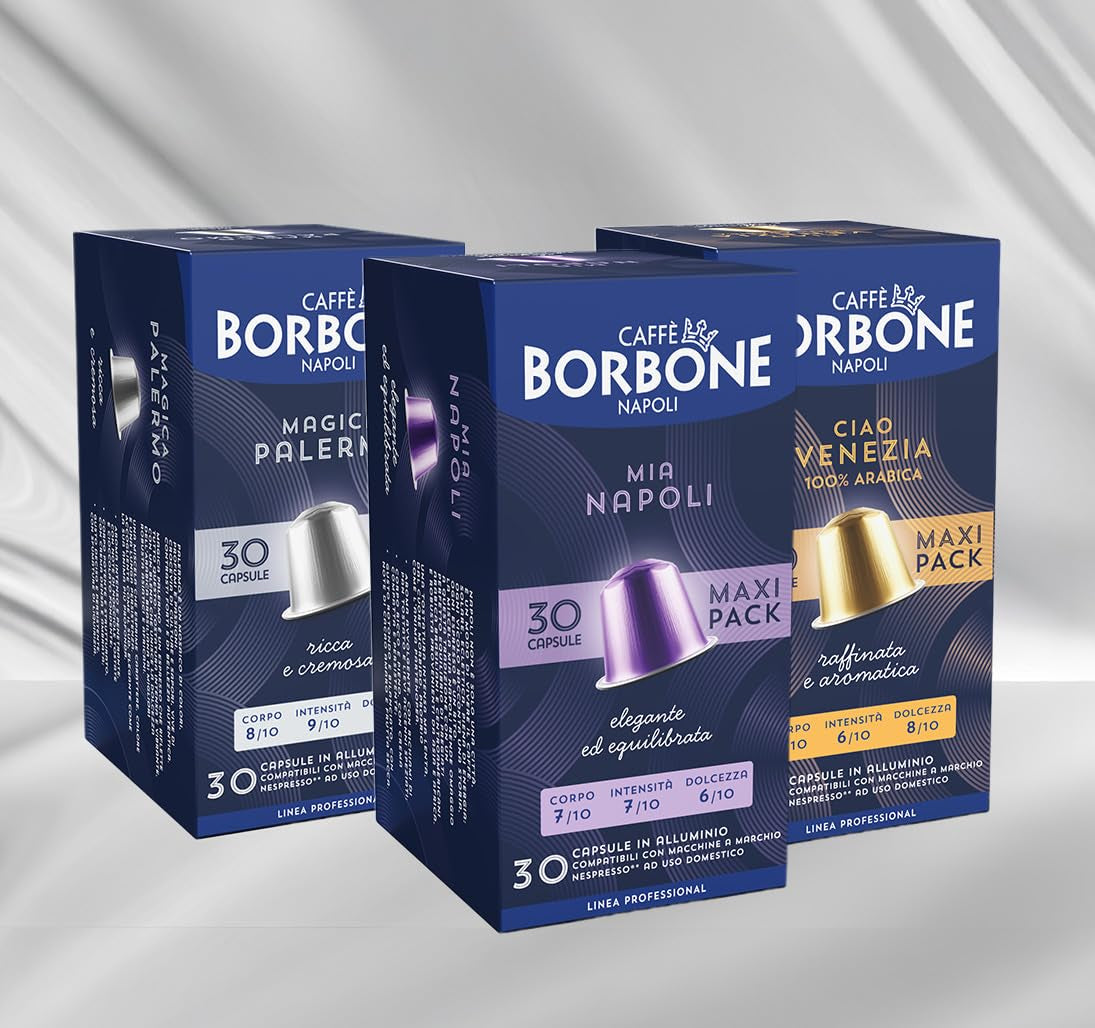 Caffè Borbone Verkostung Kit, 90 Cápsulas de Aluminio: 30 Mia Napoli, 30 Ciao Venezia, 30 Magica Palermo, (3 x 30 Stück) – Compatible con Kaffeemaschinen für den Hausgebrauch de la marca Nespresso®*
