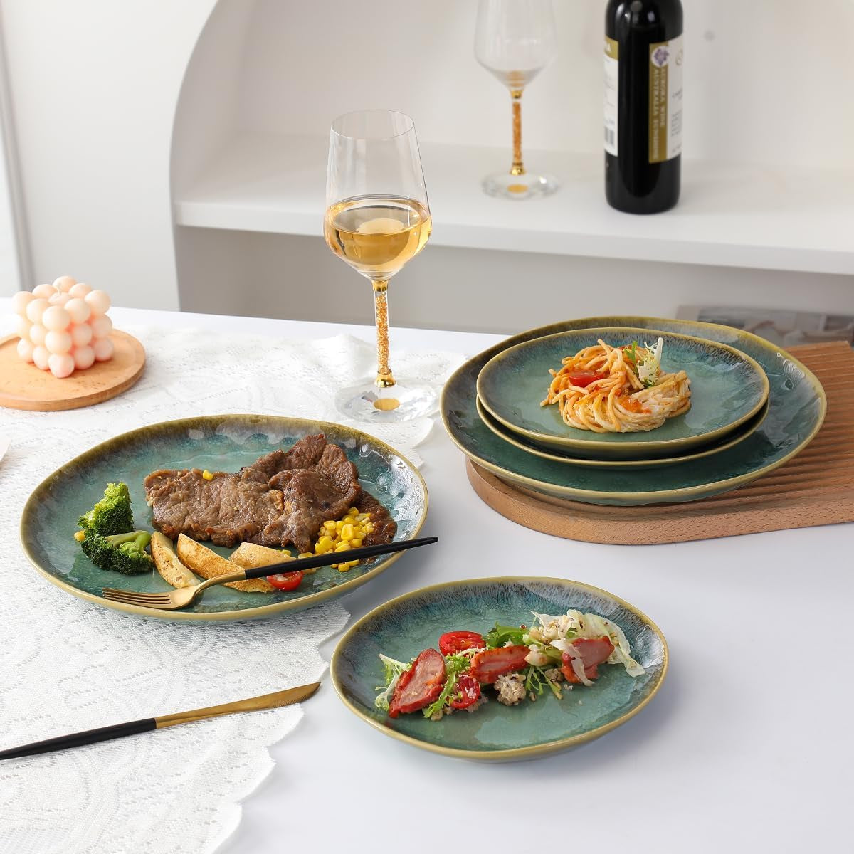 Henten Home Platos especiales de gres, cuencos para aperitivos y salsas - 20x17 cm para 4 personas, platos de desayuno de porcelana - diseño moderno en verde