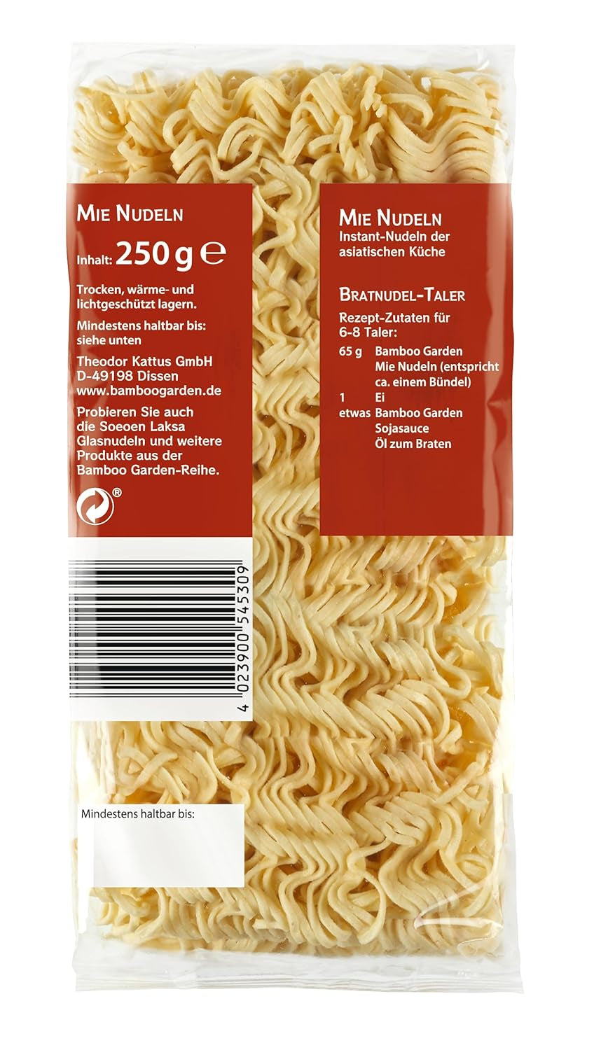 Jardín de Bambú - Fideos Mie | Fideos instantáneos para la cocina asiática | Ideal para platos al wok o sopas Veganos | bolsa de 250g