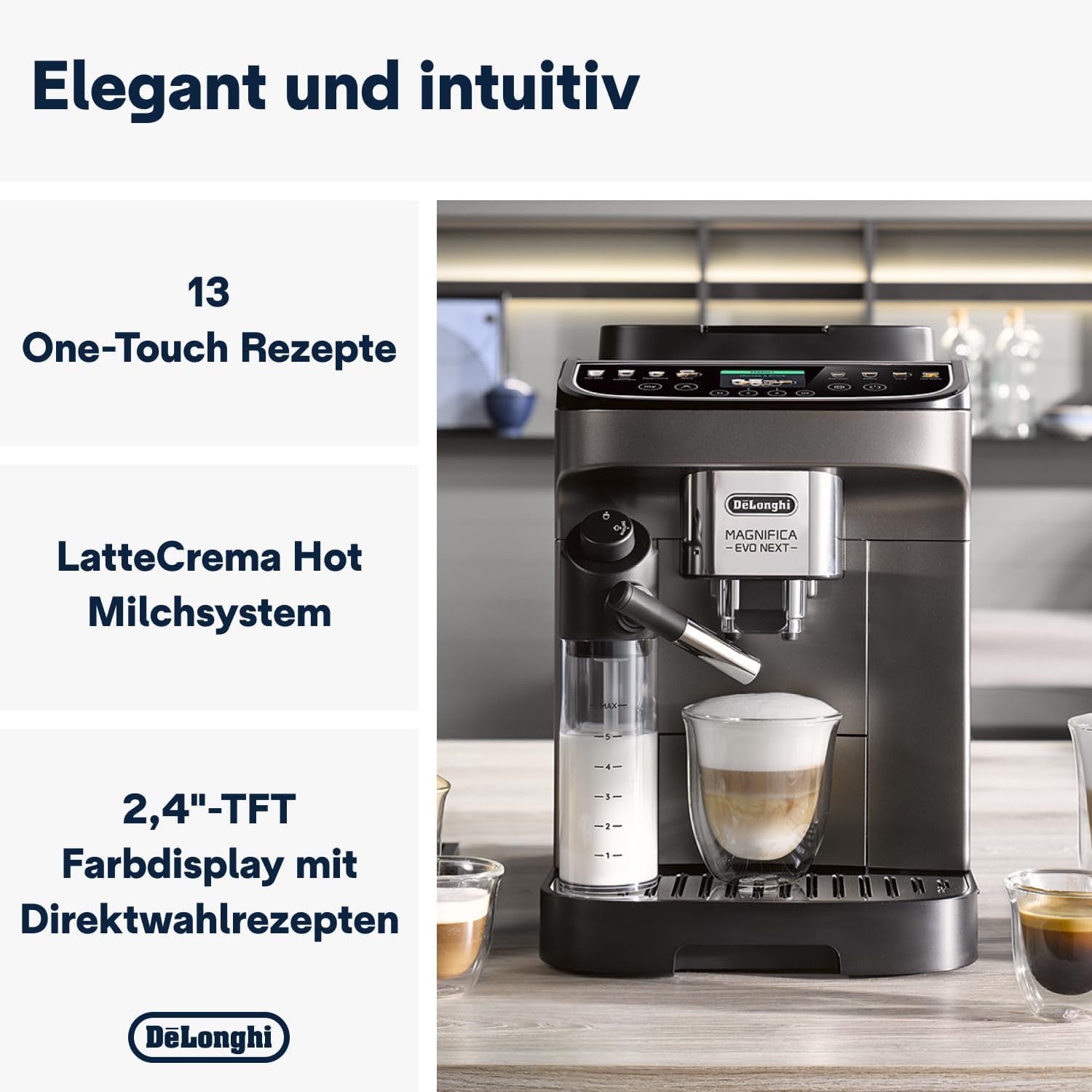 De'Longhi Magnifica Evo Next - Cafetera totalmente automática Perfetto con espumador de leche LatteCrema, 13 bebidas con un solo toque, cafetera y capuchino, pantalla táctil a color, titanio (ECAM312.80.TB)