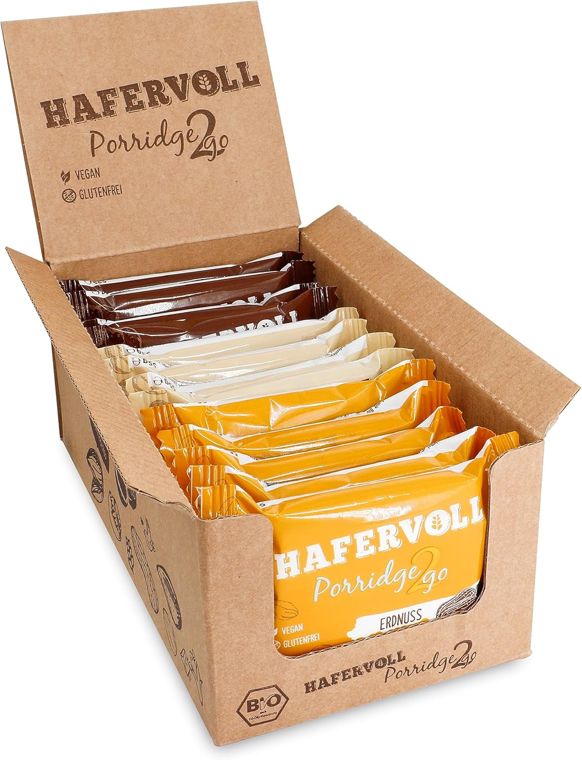 Hafervoll Porridge2go Mantequilla de maní y nueces, 13 barras x 55 g - Snack vegano, orgánico, sin gluten, sin azúcares añadidos, con avena, dátiles y caramelo de quinua