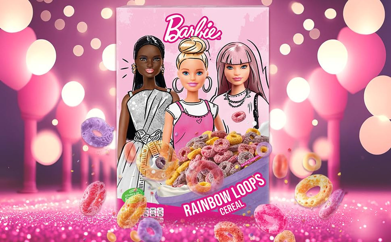 Cereal Barbie Rainbow Loops, coloridos aros de trigo, avena y maíz con sabor a frutas para el desayuno perfecto, 1 paquete (1 x 350 g)