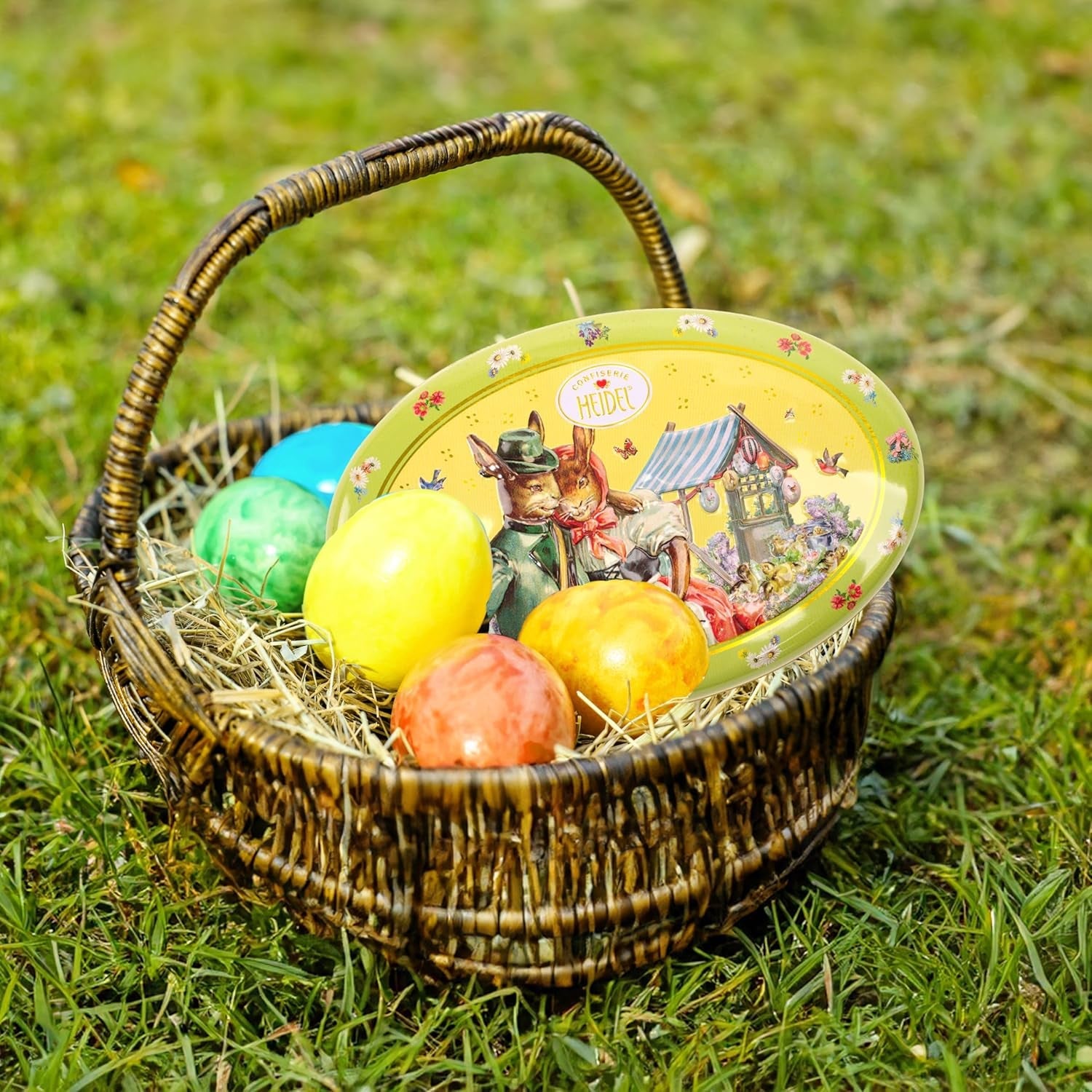 Caja de regalo con tarjeta de Pascua de Heidel, 183 g, praliné de chocolate con leche de primera calidad con caja de metal decorativa, ideal como regalo de Pascua