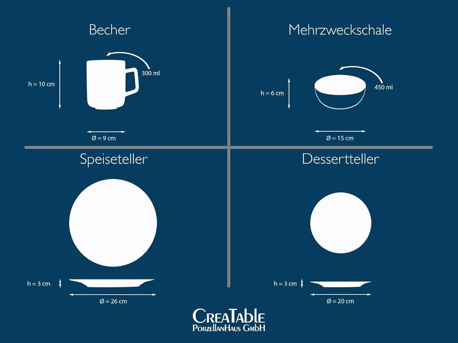 CreaTable, 20149, Serie Nordic Fjord Blue, Vajilla de 16 piezas para 4, Servicio combinado de porcelana, Apto para lavavajillas y microondas, Fabricación de calidad