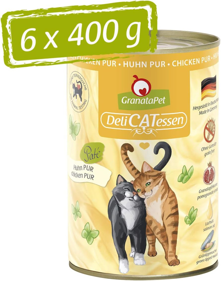 GranataPet DeliCatessen Chicken PUR, Nassfutter für Katzen, Futter ohne Getreide & ohne Zuckerzusätze, Katzenfutter mit hohem Fleischanteil & aceites de alta calidad, 6 x 400 g