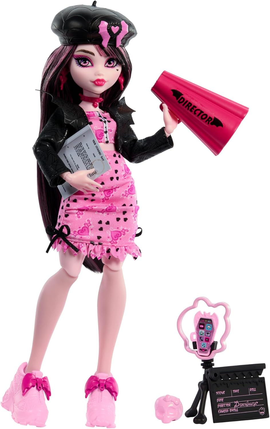 Muñeca Monster High Draculaura con su mascota Count Fabulous bat cat y accesorios como mochila, libro de hechizos, caja bento y más, HRP64 Naty Shop Dolls Movie Club Theme