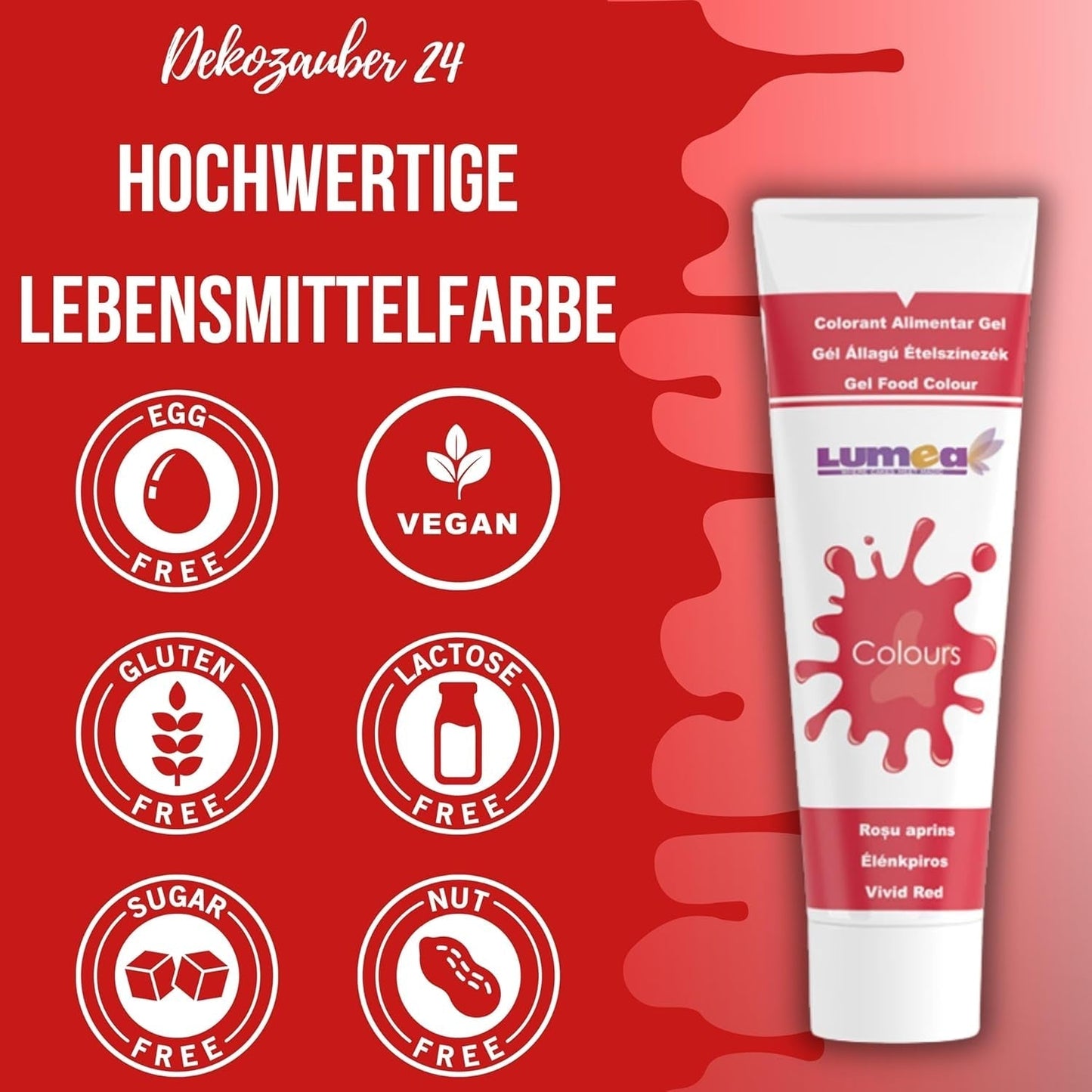 Dekozauber 24 Colorante alimentario rojo, gel, 30 g, vegano, sin azúcar, altamente concentrado, colorante alimentario rojo para fondant, crema de mantequilla, bebidas y más