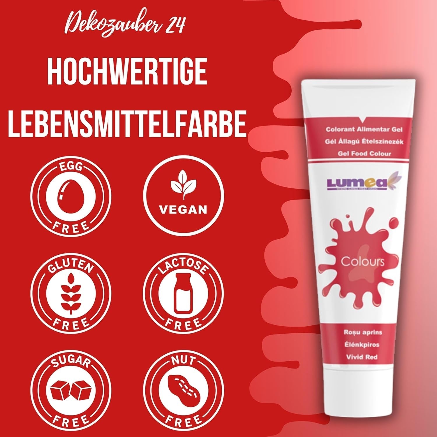 Dekozauber 24 Colorante alimentario rojo, gel, 30 g, vegano, sin azúcar, altamente concentrado, colorante alimentario rojo para fondant, crema de mantequilla, bebidas y más