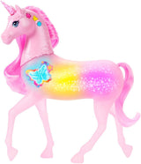 Barbie unicornio que brilla en la oscuridad con 20 combinaciones interactivas de efectos de luz, sonido y música para jugar con presionar un botón y acariciar la cabeza, JCP78