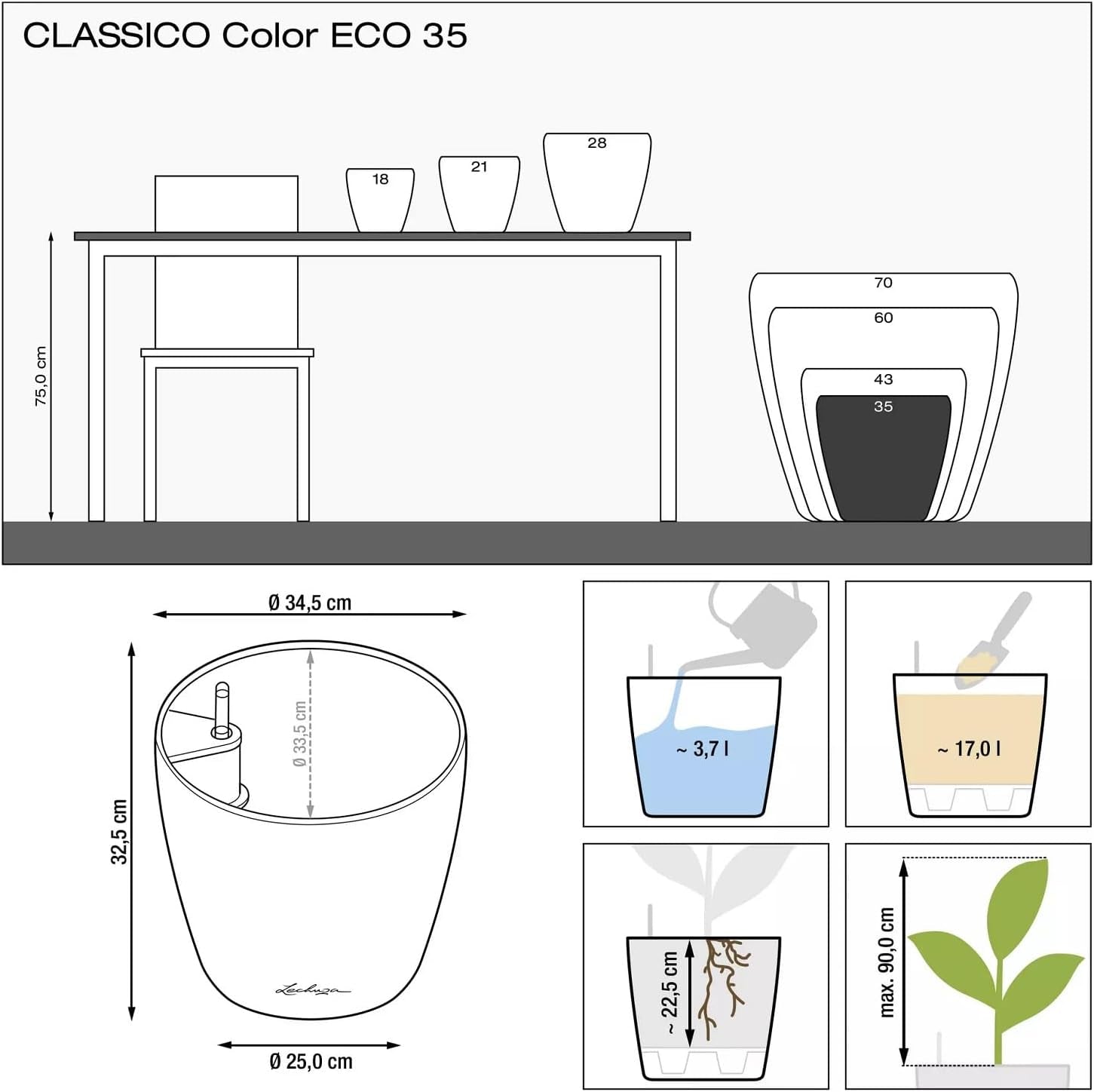 Jardinera LECHUZA Classico Color ECO 35 Gris Oscuro | Jardinera con sistema de riego e indicador de nivel de agua | Hecho de plástico 100% reciclado | Acabado mate | Ø 34,5 x 32,5 cm | 18935