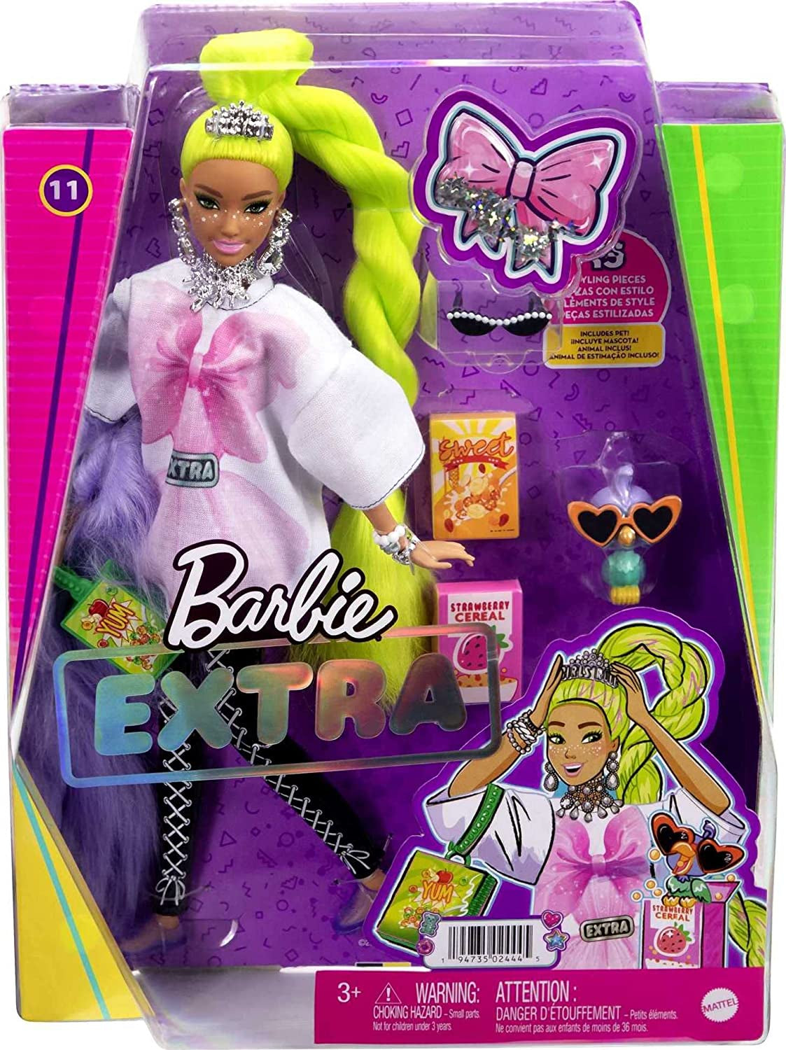 Barbie HDJ44 - Muñeca Extra #11 con camiseta extragrande y leggings con loro mascota, pelo verde neón extralargo y accesorios, articulaciones flexibles, juguete de regalo para mayores de 3 años Naty Shop Dolls