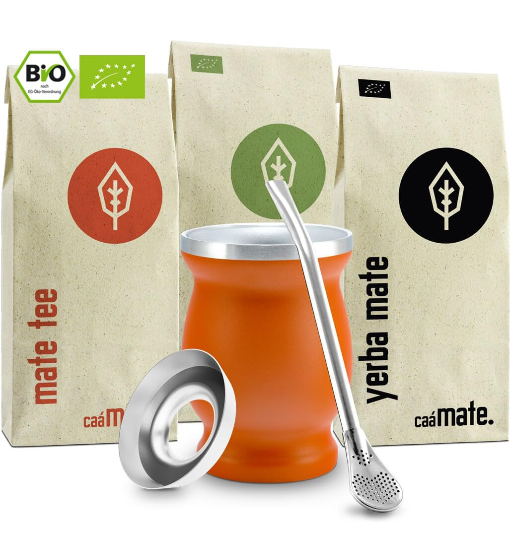 Juego de Té Mate Bio ● 3 Surtidos de Mate + Taza de Mate de Acero Inoxidable de Doble Pared + Bombilla + Instrucciones de Preparación (Negro)