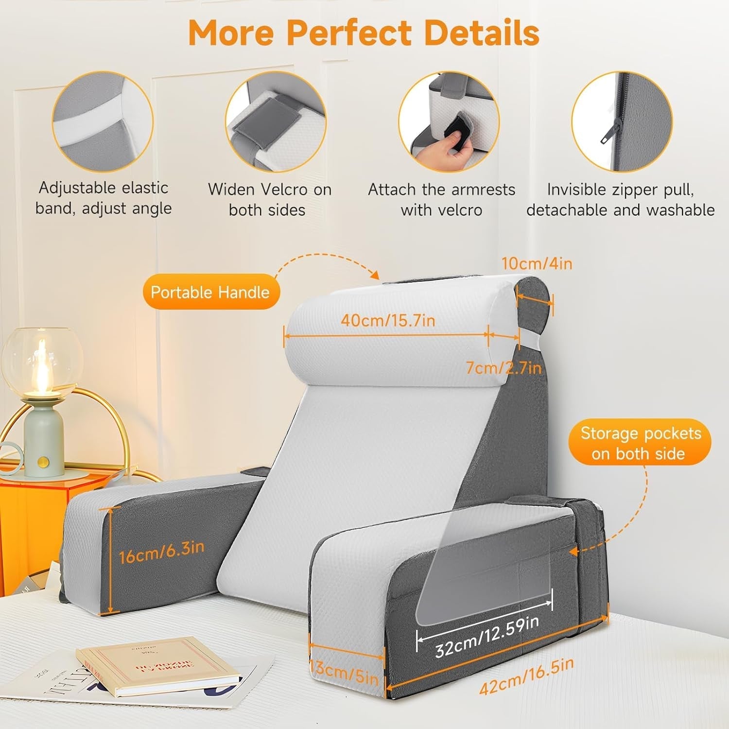 Almohada de lectura grande con soporte para el cuello y reposabrazos extraíbles, almohada de respaldo para cama, almohada de respaldo ergonómica con brazo, bolsillo y funda lavable para leer y ver televisión.