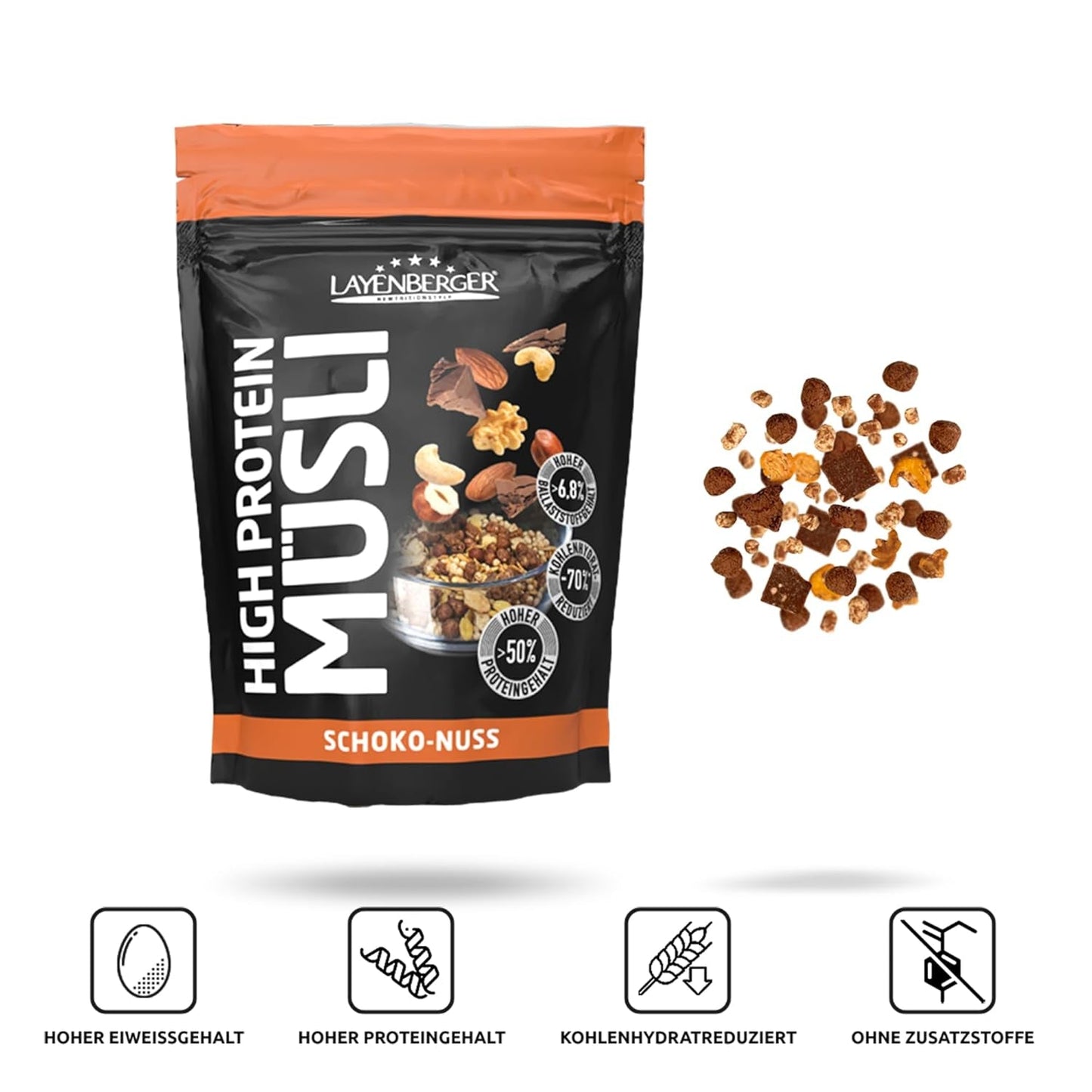Layenberger Muesli 3K rico en proteínas, 50% Eiweiß y 18% Kohlenhidrato - Paquete individual (1X 390 G) - Schoko-Nuss Cereale Naty Shop