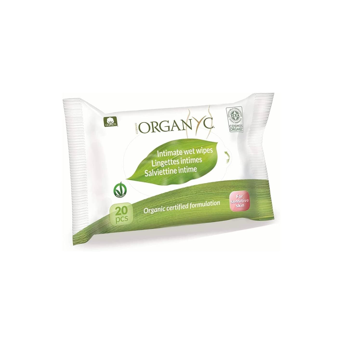 Toallitas íntimas húmedas Organyc, hechas de 100% algodón orgánico certificado, 4 paquetes de 20 toallitas (80 toallitas en total)