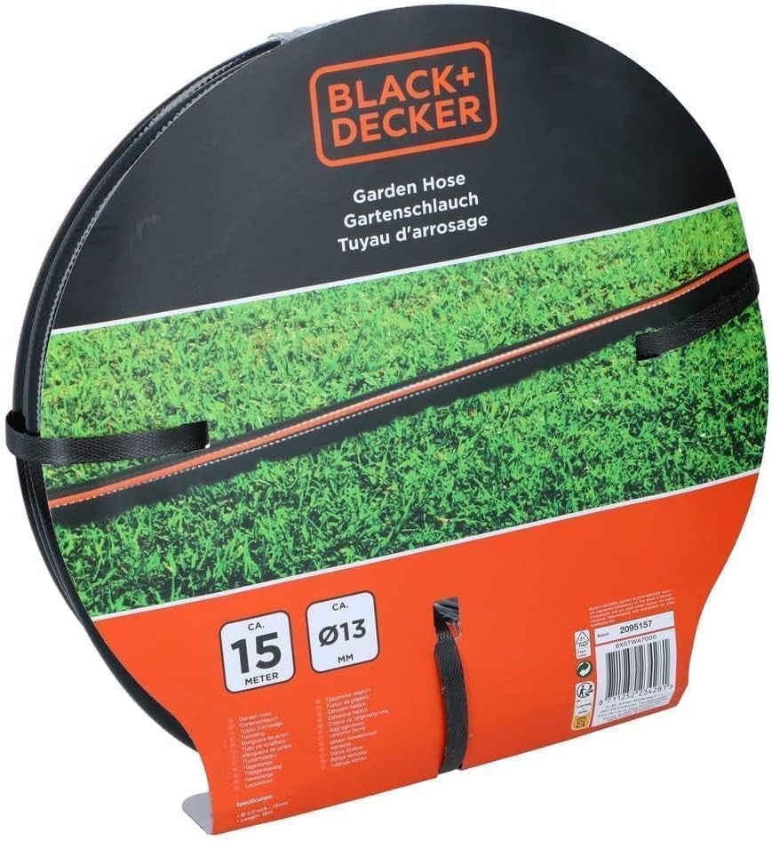 Manguera de Jardín BLACK+DECKER 15 metros - Ø13MM - PVC duradero - Regar el jardín, lavar el coche, llenar la piscina - Compatible con cualquier grifo estándar - Negro/Naranja