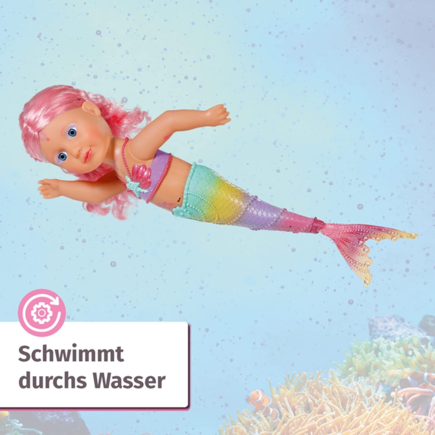 BABY Born Little Sister Mermaid 46 cm Muñeca sirena impermeable con pelo largo y aleta brillante móvil, incl. tiara y peine, 833681 Zapf Creation Dolls Naty Shop
