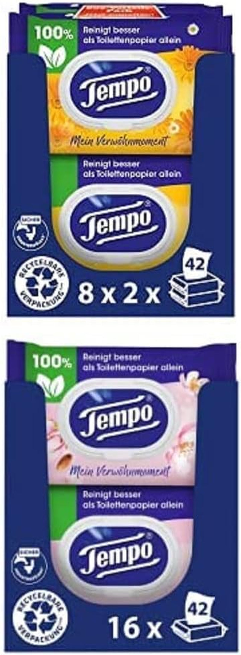 Pack de toallitas de baño Tempo Moist My Pampering Moment con caléndula (16 piezas) y toallitas de baño Tempo Moist con leche de almendras y pantenol (16 piezas)