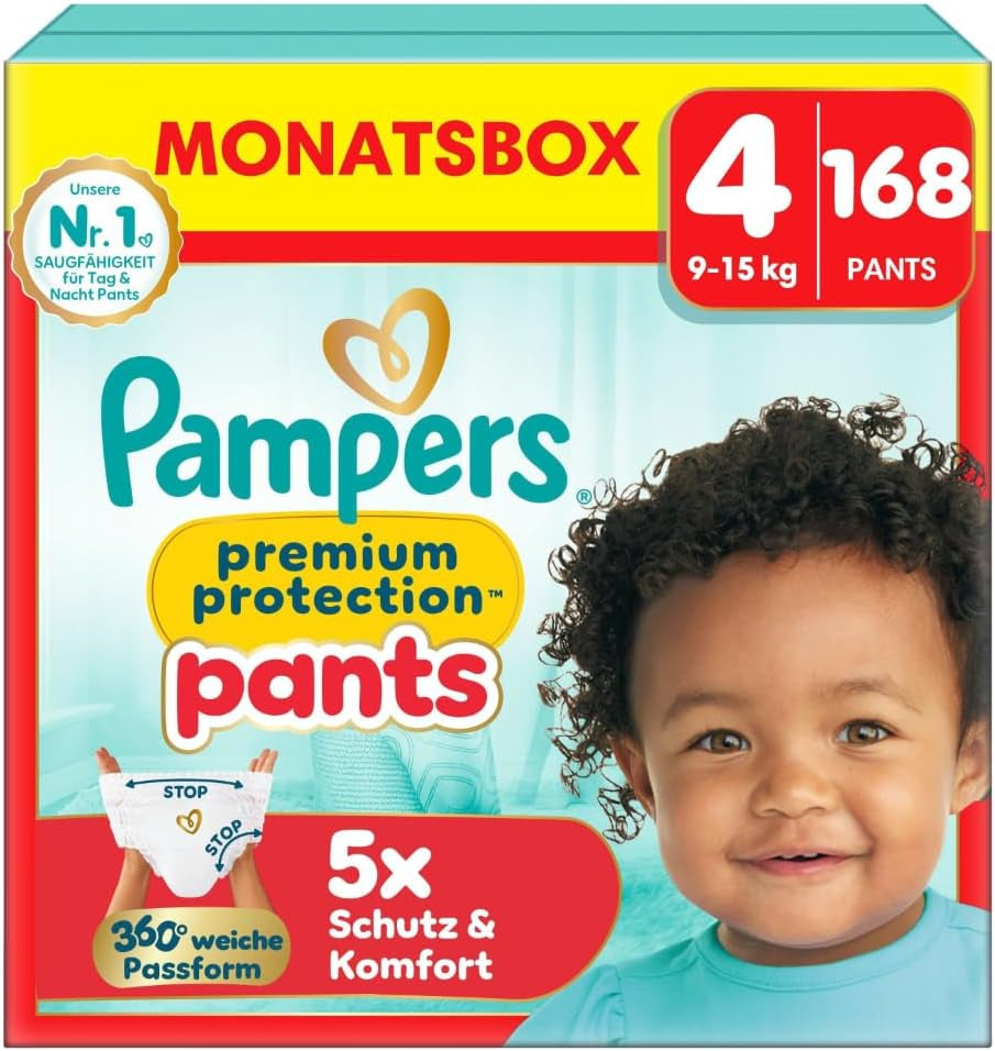 Pampers Premium Protection Pants talla 5, 144 pañales, 11 kg - 17 kg, con ajuste de 360° y puños suaves antifugas para una comodidad y protección óptimas