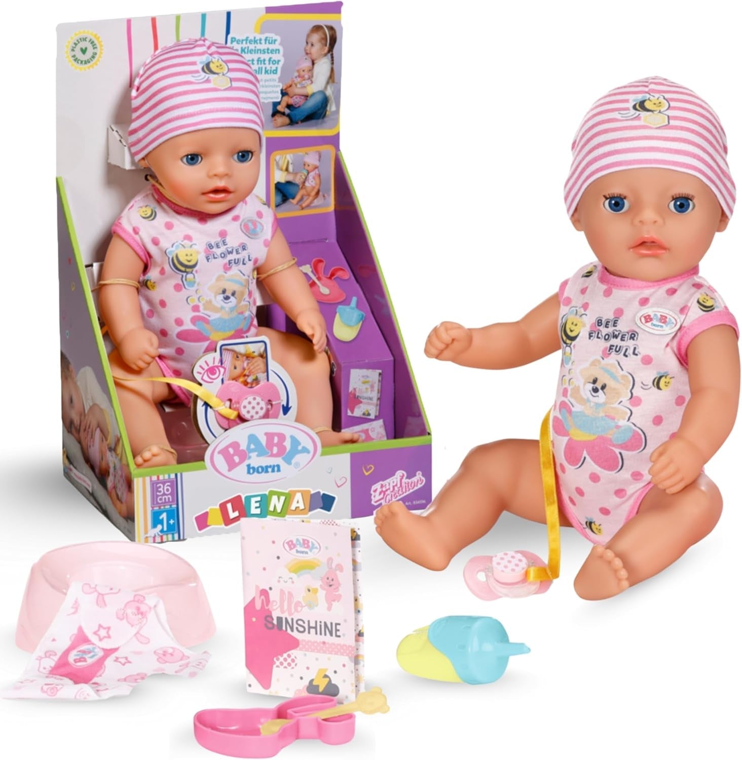 Muñeca bebé Baby Born Lena (Niña) - 36 cm - 7 funciones, incluidos accesorios y colchón - Funciona completamente sin pilas - Apto para niños pequeños a partir de 1 año