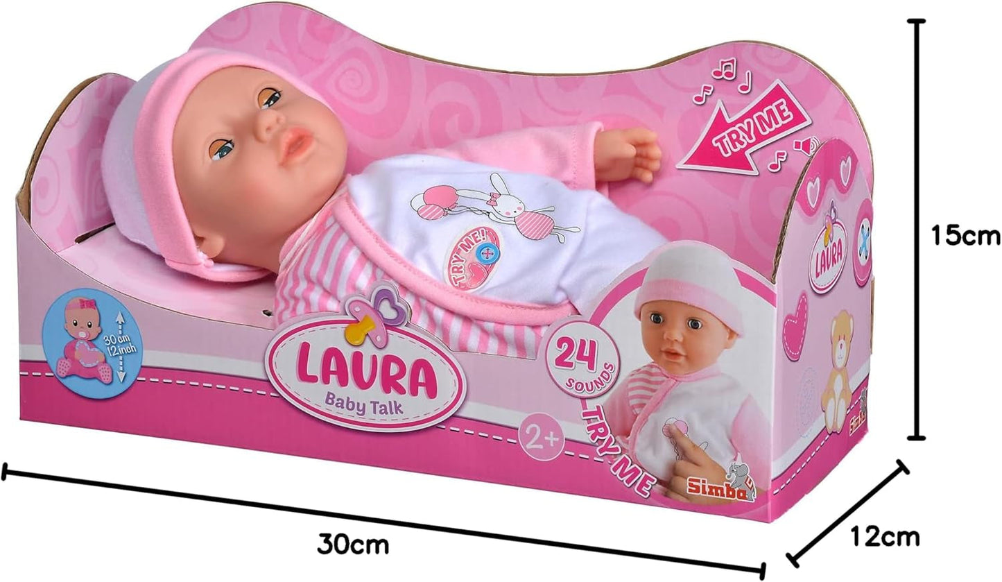 Simba 105140020 - My Love Baby Talk, muñeco de cuerpo blandito con ojos soñolientos y un bonito mono, hace 24 sonidos de bebé, 30 cm, muñeco para niños a partir de 2 años