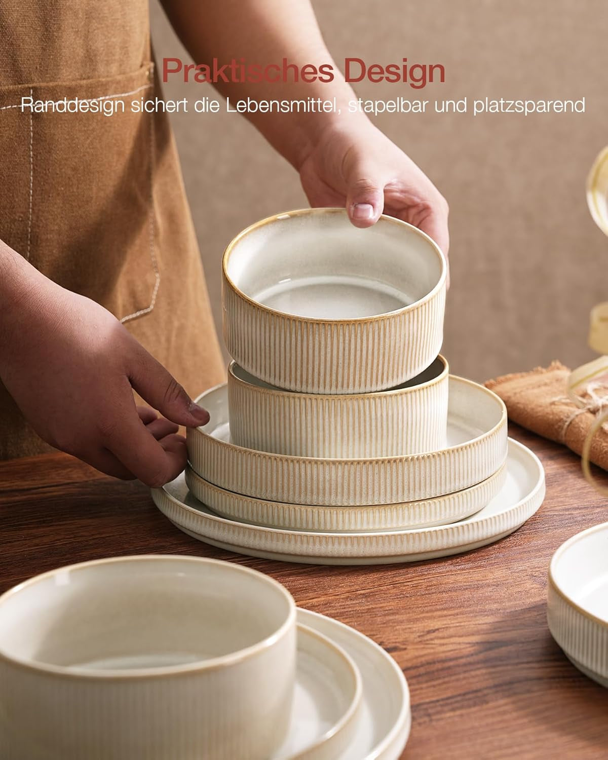 Juego de vajilla Star de 18 piezas, vajilla para 6 personas, porcelana, resistente a los arañazos, apta para microondas y lavavajillas, color blanco capuchino