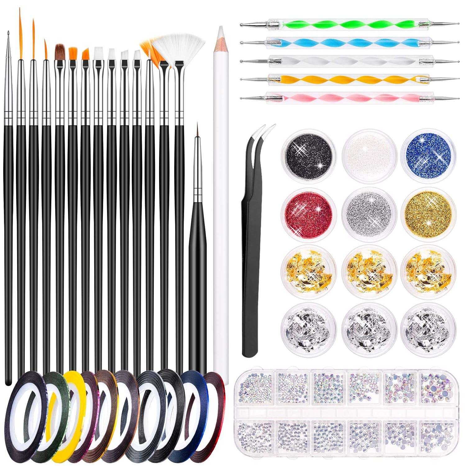 MELLIEX Juego de 45 accesorios para decoración de uñas, Nägel Pinsel Strasssteine ​​​​Glitzer Goldfolie Nageldesign Dotted Pen Streifenband para Nagelkunst Maniküre Set
