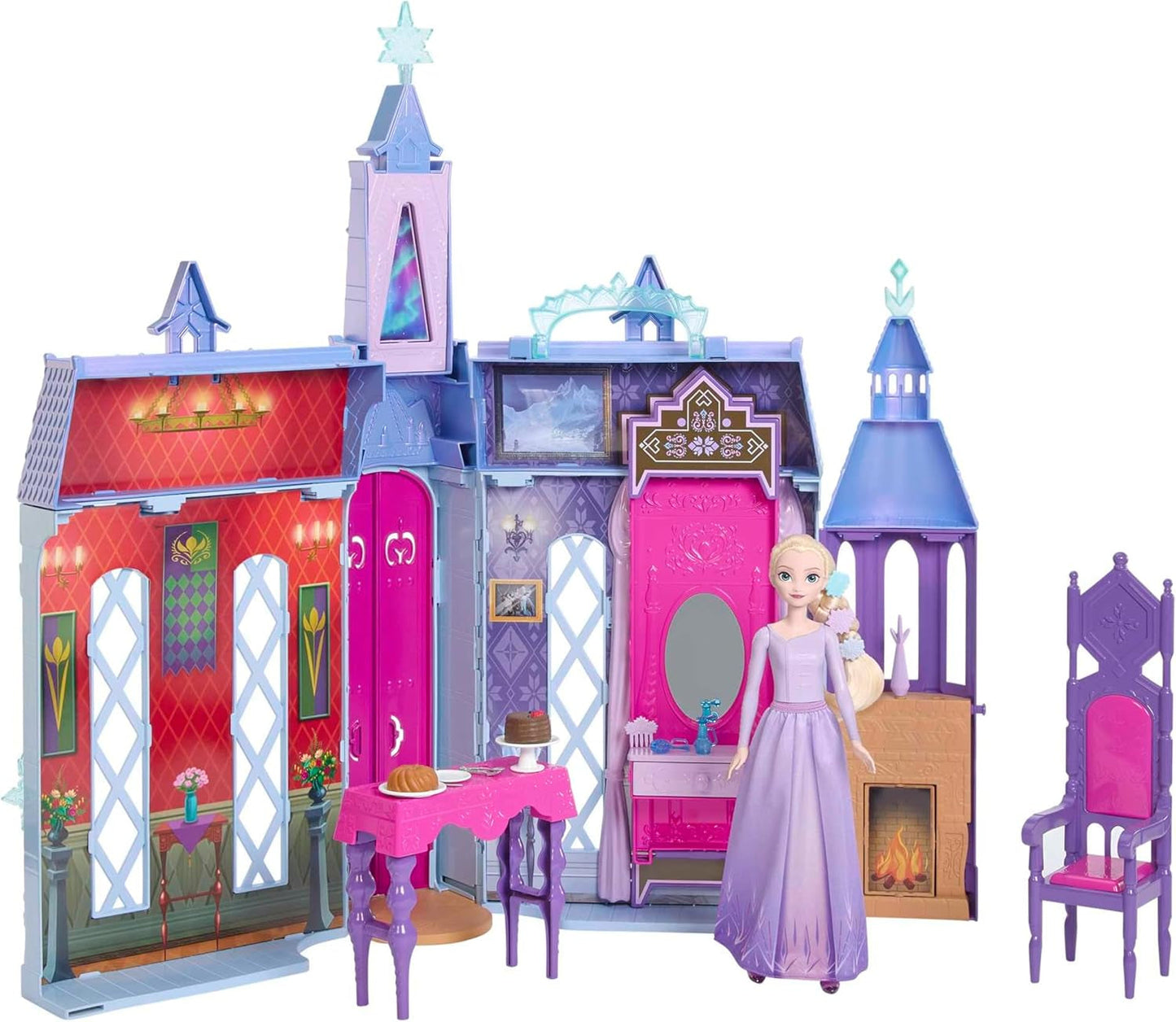 Mattel Disney Frozen - Casa de muñecas Castillo Arendelle (60 cm+) con muñeca Elsa, 4 parques infantiles y 15 piezas de muebles y accesorios Disney Frozen II, HLW61