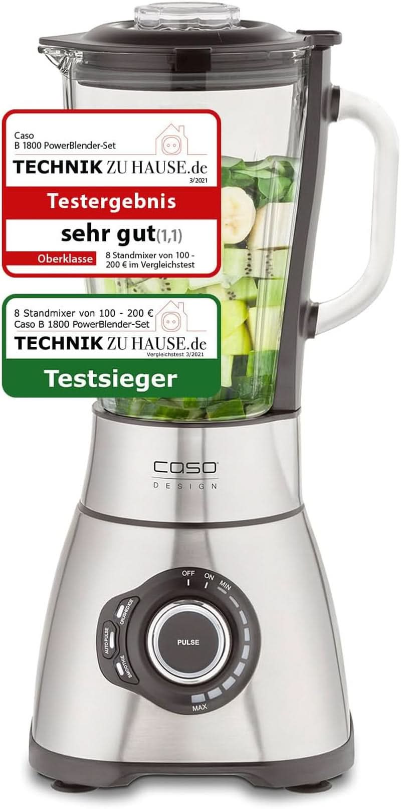 CASO B 1800 Powerblender-Set - Batidora con base, 28.000 U/Min, Vaso de vaso 1,75 L, Inkl. Trinkflasche Und Zerkleiner, Mixer Testsieger Mit Sehr Gut, Edelstahl Naty Shop Standmixer + Zubehör