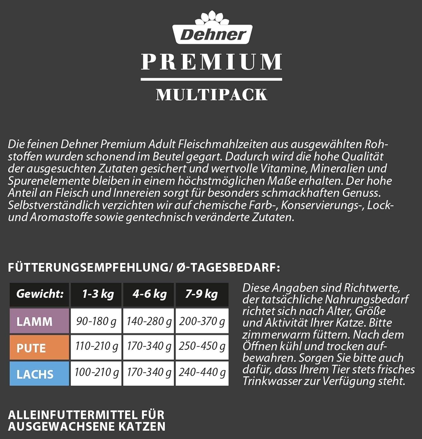 Dehner Premium Comida húmeda para gatos, paquete múltiple, gatos adultos, 4 piezas cada una: cordero/pavo/salmón, 12 bolsas x 100 g (1,2 kg)