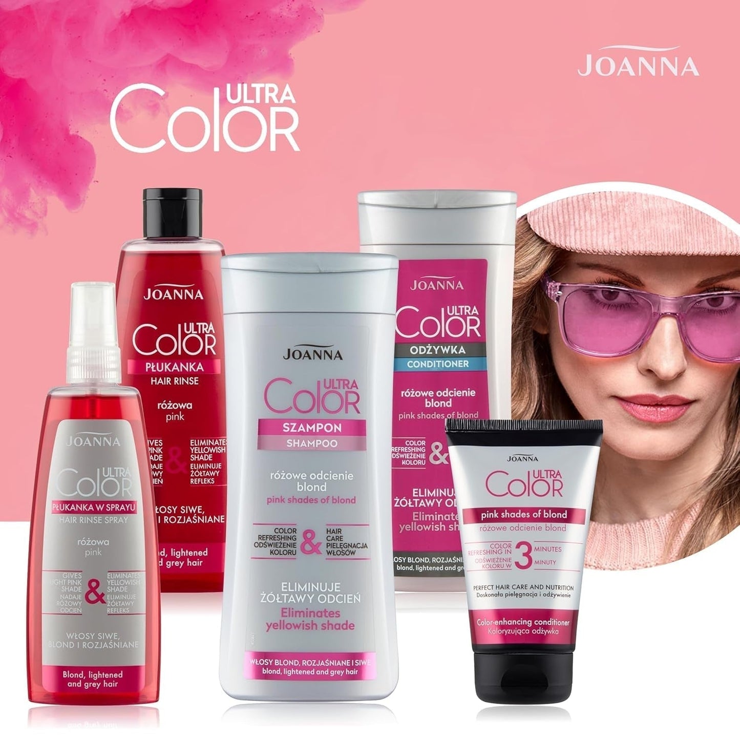 Joanna Ultra Color - Acondicionador de color rosa para cabellos rubios y claros - Rosa pastel - Brillo natural - Elimina el tinte amarillo del cabello rubio grisáceo - Efecto temporal - 150 ml Tinte para el cabello Naty Shop