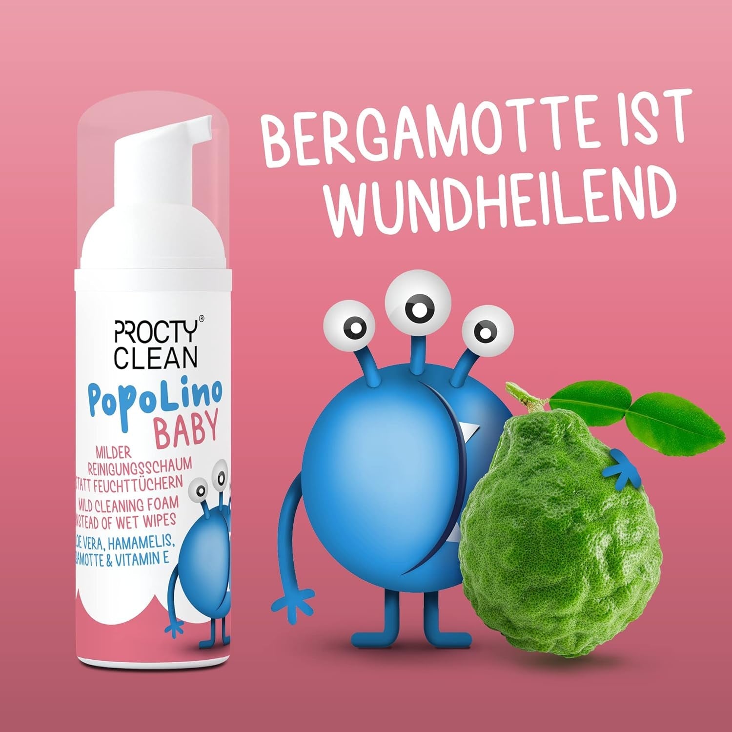 Espuma de fondo suave PopoLino Baby en lugar de toallitas húmedas para bebés. Vegan and natural cosmetic cleansing foam! Espuma para culitos con aloe vera, hamamelis, bergamota y vitamina E. Hace felices los culitos y el medio ambiente.