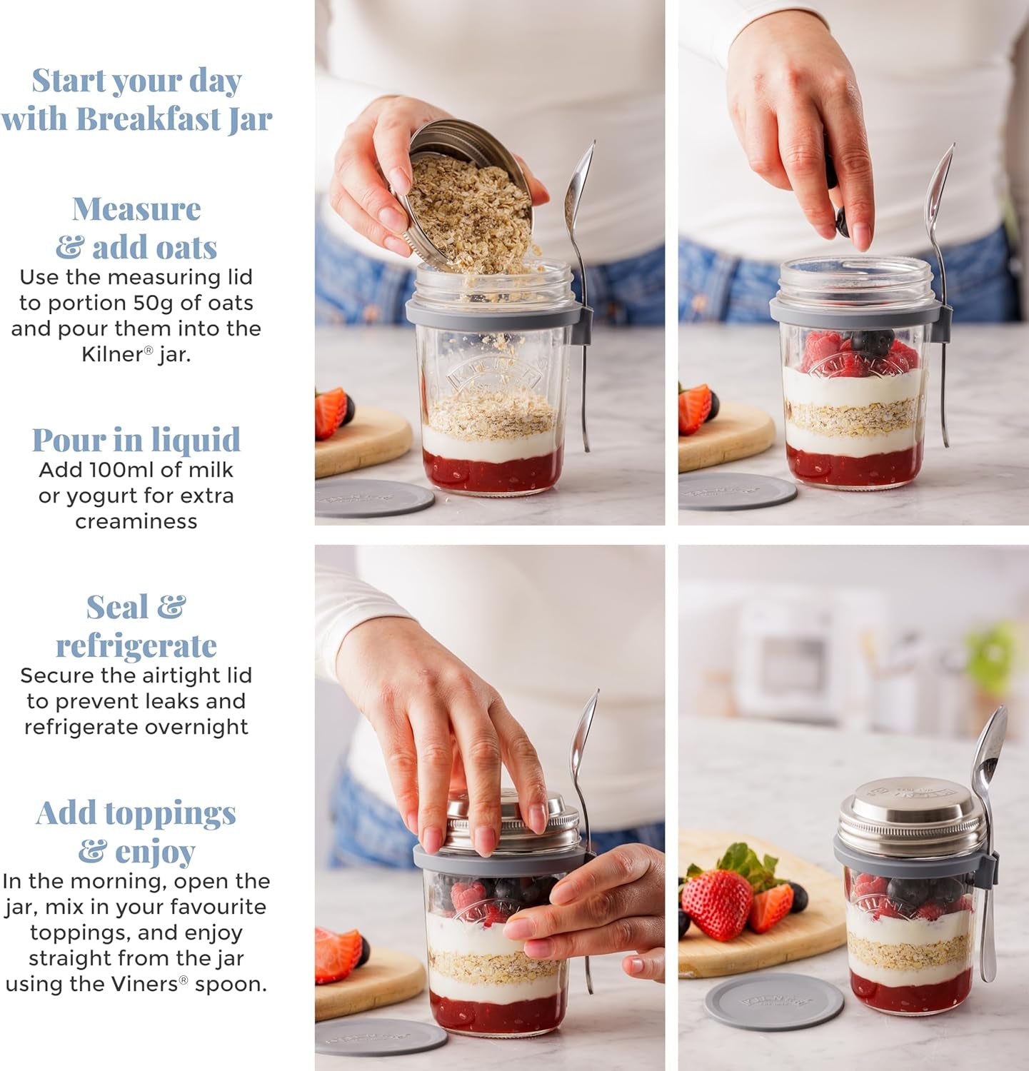 Tarro de desayuno Kilner con cuchara / 350 ml, Ø 9,5 cm / 5 piezas | vaso de muesli para llevar / no tóxico / recipiente de vidrio con tapa para muesli, gachas y yogur / recipiente para avena durante la noche Naty Shop Food Storage Boxes