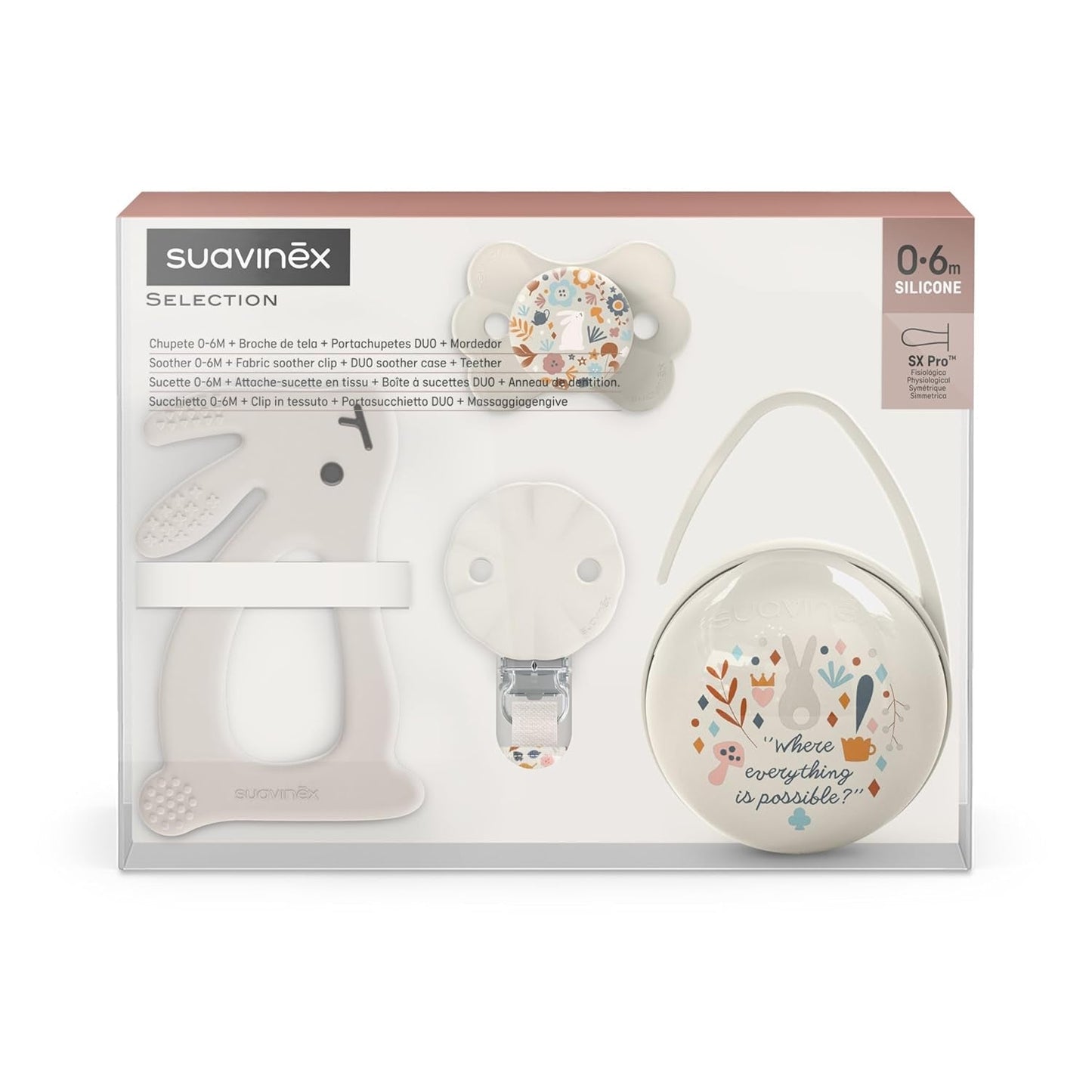 Set de regalo para recién nacido Suavinex. Set de 4 piezas que incluye: Chupete Physiological SX Pro para bebés 0-6 meses + portachupete + funda para chupete Duo + mordedor de silicona. País de las maravillas, beige