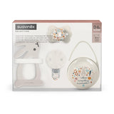 Set de regalo para recién nacido Suavinex. Set de 4 piezas que incluye: Chupete Physiological SX Pro para bebés 0-6 meses + portachupete + funda para chupete Duo + mordedor de silicona. País de las maravillas, beige
