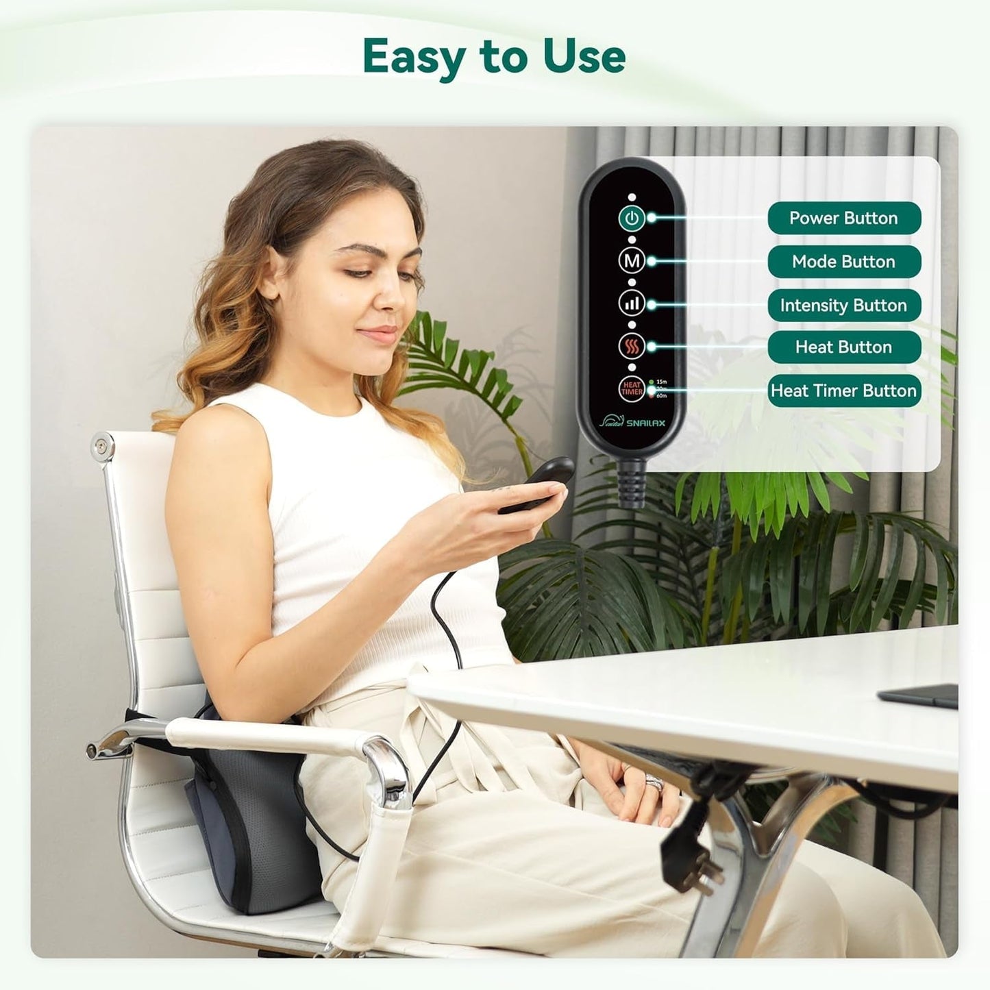 Snailax Almohada Ergonómica de Apoyo Lumbar con Masaje y Calor, Almohada de Espalda Shiatsu de Espuma Viscoelástica, Cojín de Asiento con 3 Intensidades de Masaje | 2 niveles de calor | 3 temporizadores | postura sentada cómoda