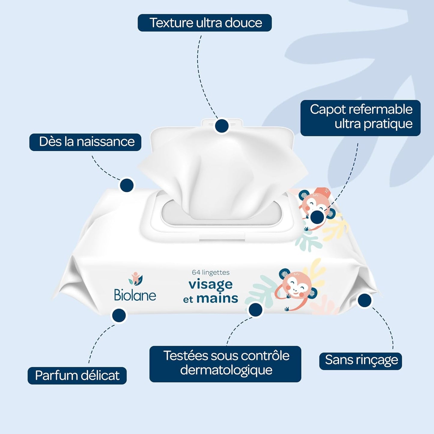 BIOLANE - Toallitas húmedas para bebé para rostro y manos - Paquete de 6 - 384 toallitas (6 x 64 cm) - Limpia y protege - Artículos de tocador - Hipoalergénicas - Para pieles sensibles - 97% de ingredientes naturales - Elaboradas