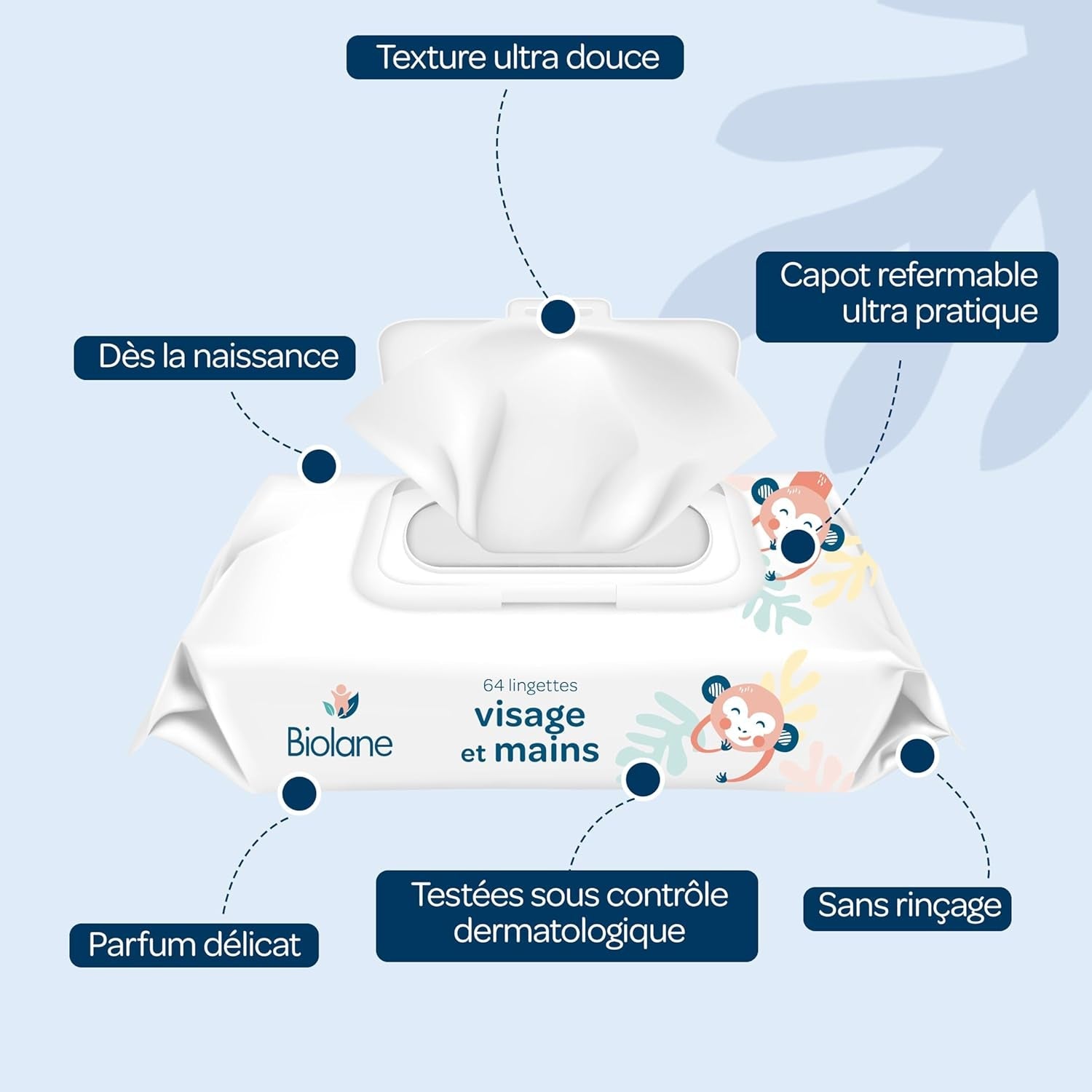 BIOLANE - Toallitas húmedas para bebé para rostro y manos - Paquete de 6 - 384 toallitas (6 x 64 cm) - Limpia y protege - Artículos de tocador - Hipoalergénicas - Para pieles sensibles - 97% de ingredientes naturales - Elaboradas