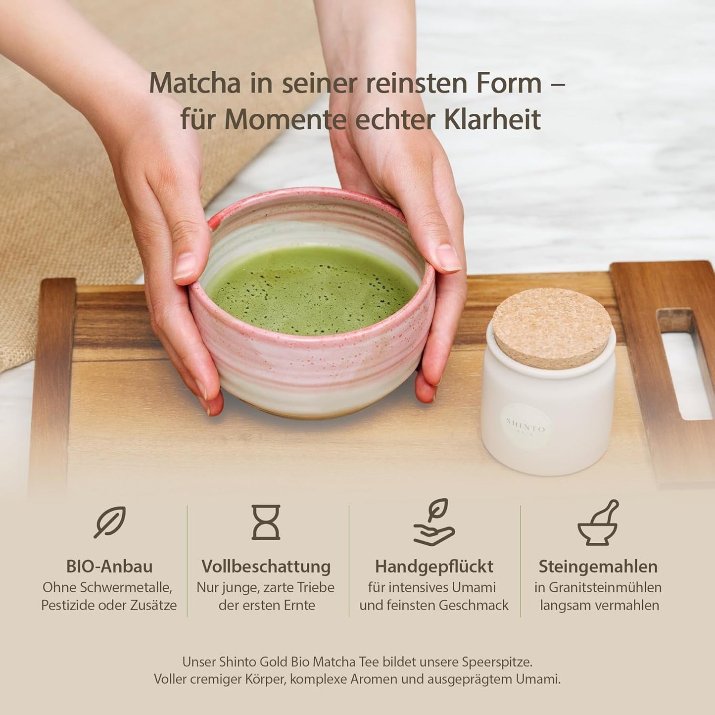 Shinto - Té Matcha orgánico "Gold" - Té verde en polvo de grado ceremonial - Certificado JAS y UE BIO - Sombreado y recogido a mano - Importación directa de Uji, Japón - 30 g