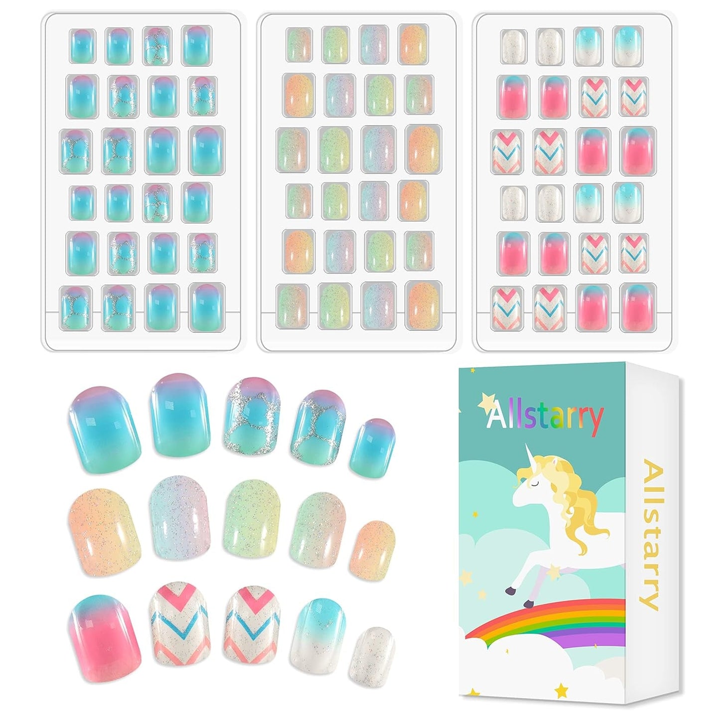 72 piezas de uñas prepegadas para niños, cobertura completa, brillo de color, arco degradado, uñas artificiales cortas, gran regalo para niños y niñas, arte de uñas, brillo arcoíris