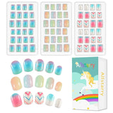 72 piezas de uñas prepegadas para niños, cobertura completa, brillo de color, arco degradado, uñas artificiales cortas, gran regalo para niños y niñas, arte de uñas, brillo arcoíris