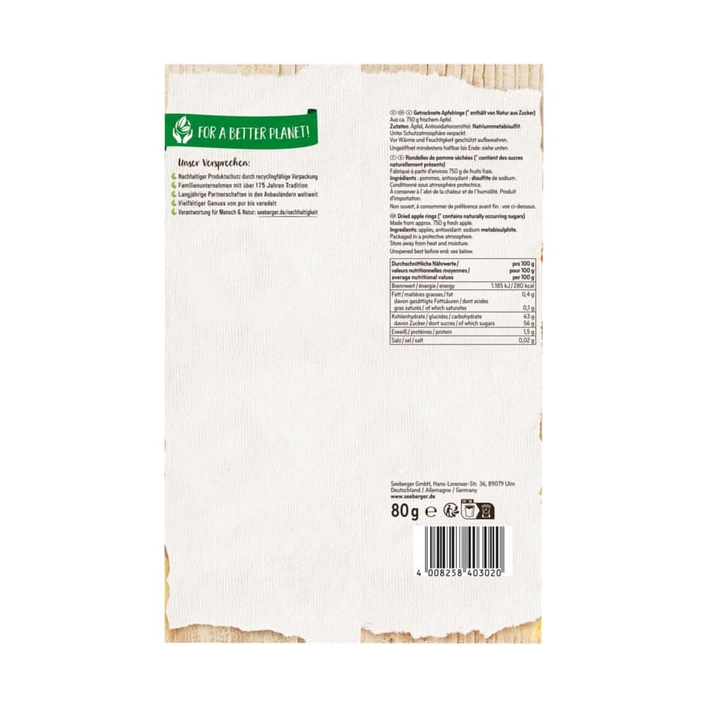 Seeberger, manzana deshidratada en rodajas de la mejor calidad, sin azúcares añadidos, 10 x 80 gramos Productos deshidratados Naty Shop